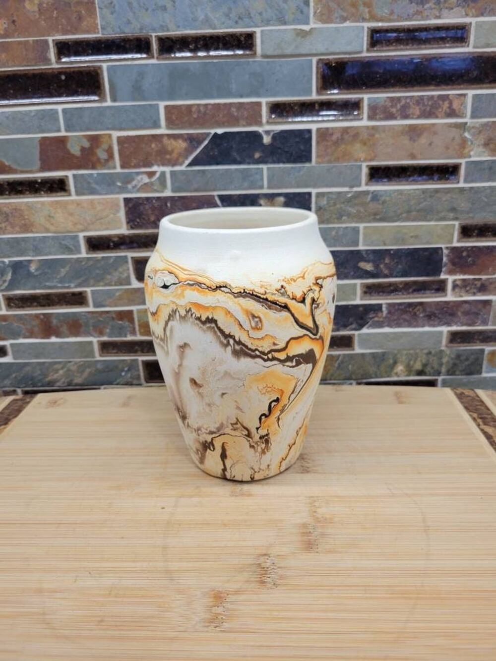 Vintage Nemadji Pottery Swirl Vase Orange Brown Cream Marbled Art Decor USA